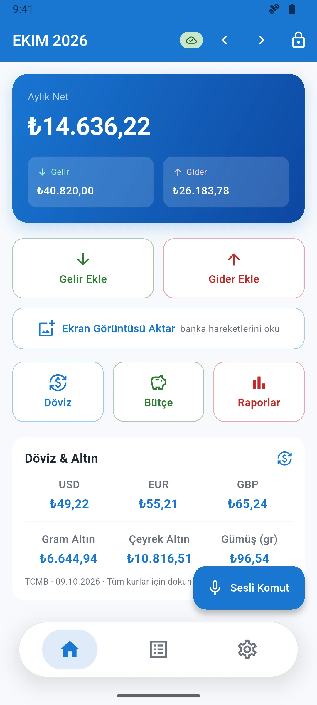 Finans Defteri ana ekran
